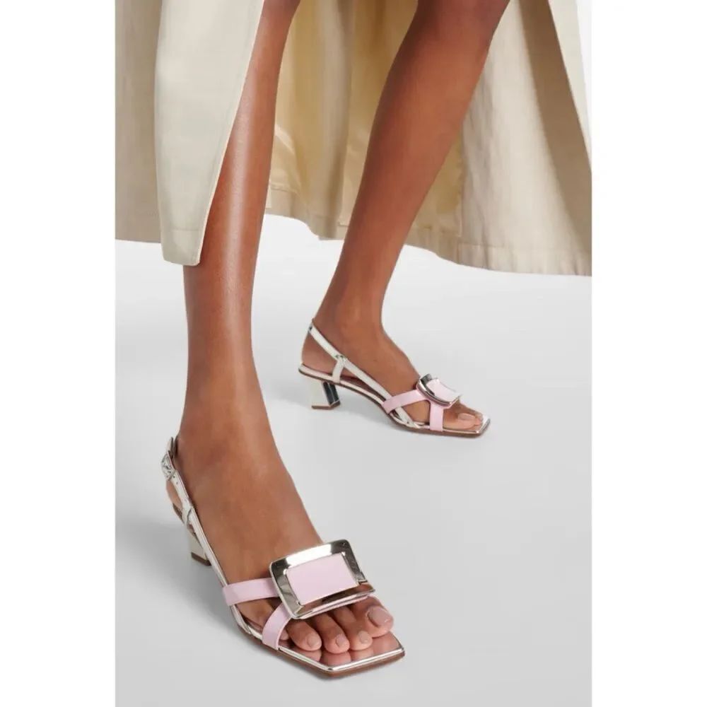 Roger Vivier Belle Vivier 'Cream Patent Gold Tone Metal Block Heel Sandals Sz35